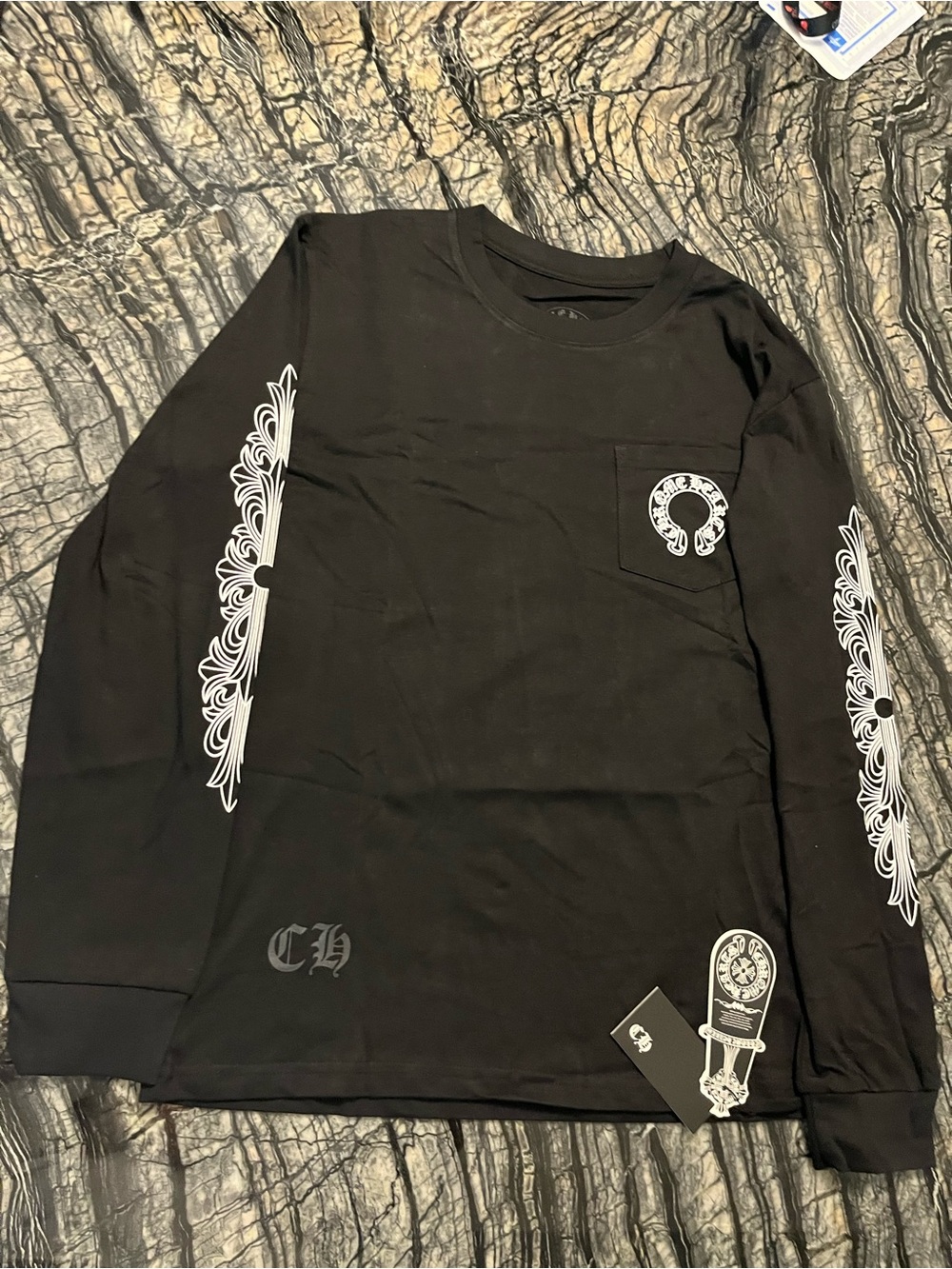 Chrome Hearts Black Long-Sleeve Graphic Pocket Tee with White Sleeve Art